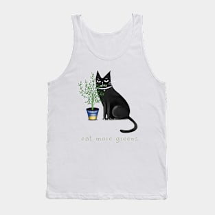 Cartoon black cat with a home flower in a pot and the inscription "Eat more greens". Tank Top